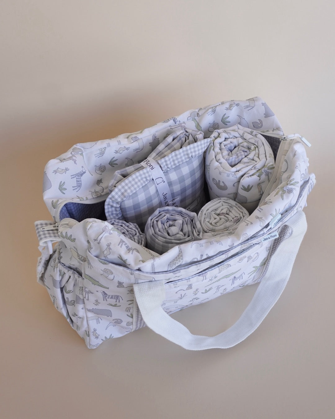 Pañalera safari & grey squares